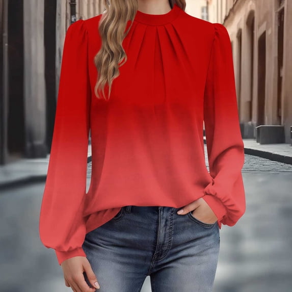 SSZMDLB Women High Neck Long Sleeve Blouse Pleated Flowy Casual Tops Solid Gradient Basic Beach Shirts Summer Outfits For Women Fashion Vacation Clothes, Red 2XL