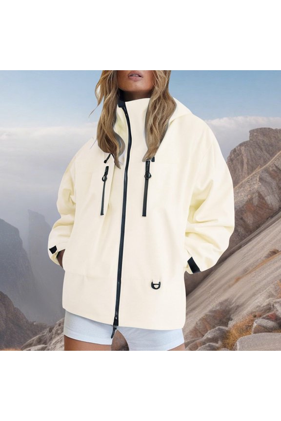Women High Neck Long Sleeve Zipper Hooded Raincoat Windbreaker Fall Winter Basic Solid Casual Outdoor Coats Trendy Lightweight Jacket Warm Fashion Top, Beige 2XL