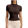 thumbnail image 1 of SSZMDLB Women High Neck Short Sleeve Zip Up Tunic Tops Summer Casual Workout Tee Shirt Fashion Solid Basic Tshirt Yoga Clothes, Brown 3XL, 1 of 4