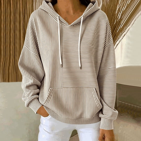 SSZMDLB Women Hooded Sweatshirt Long Sleeve Casual Loose Fit Striped Pullover Tunic Top Party Outfits Spring Autumn Fashion Tee, Brown L