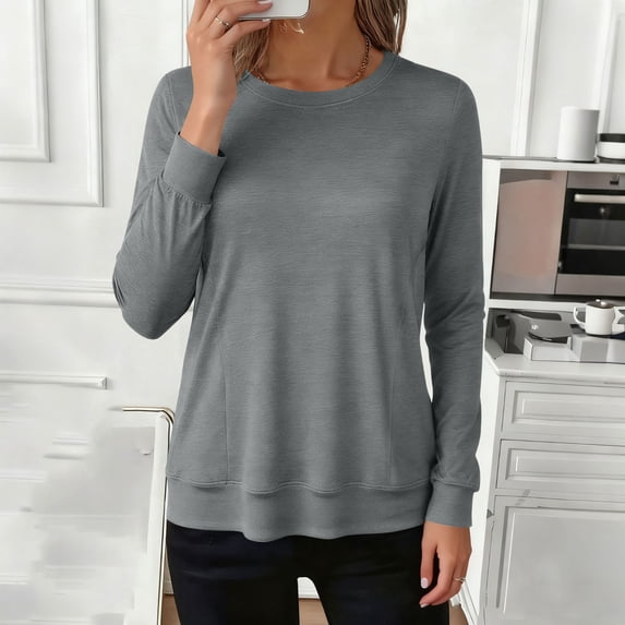 SSZMDLB Women Long Sleeve T-Shirts Round Neck Casual Basic Tee Solid Comfy Everyday Wear Travel Clothes, Gray 2XL