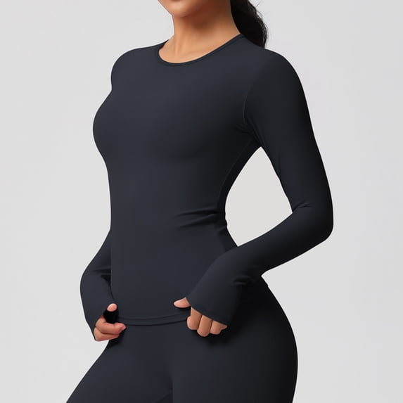 SSZMDLB Women Long Sleeve T-Shirts Round Neck Slim Fit Basic Tee Casual Workout Tops Solid Fashion Tunic for Spring Layering Activewear, Black XL