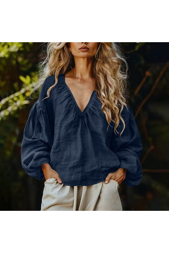 Women Long Sleeve V Neck Blouse Loose Flowy Tops Casual Boho Tee Shirt Solid Color Tunic Top Summer Travel Beach Outfit, Dark Blue XL
