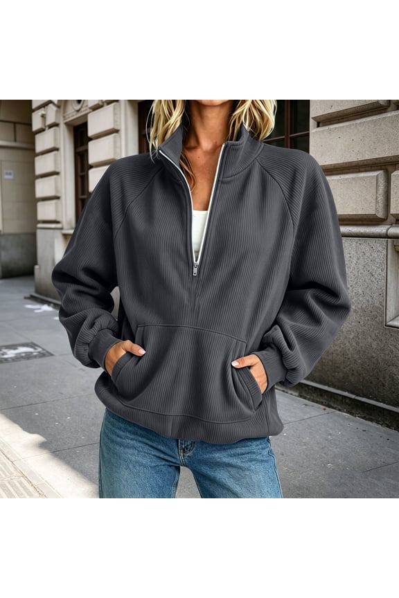 Women Long Sleeve Zipper Pullover Sweater Casual Ribbed Knit Turtleneck Tops Solid Basic Warm Fall Winter, Gray M