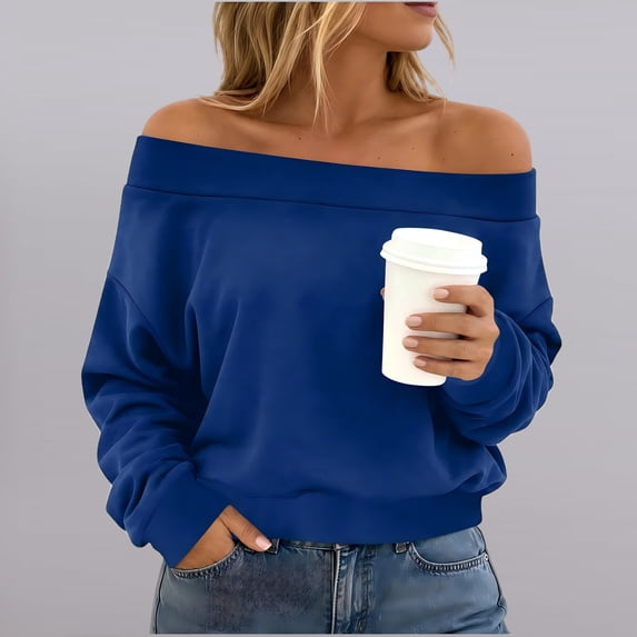 SSZMDLB Women Off Shoulder Long Sleeve Sweater Casual Loose Fit Comfy Basic Tops For Party Daily Wear Fall Winter, Blue XL