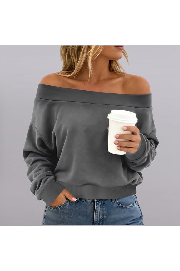 Women Off Shoulder Long Sleeve Sweater Casual Loose Fit Comfy Basic Tops For Party Daily Wear Fall Winter, Gray M