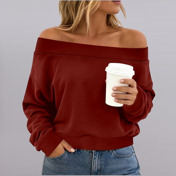 SSZMDLB Women Off Shoulder Long Sleeve Sweater Casual Loose Fit Comfy Basic Tops For Party Daily Wear Fall Winter, Wine M