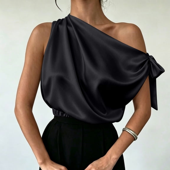 SSZMDLB Women Off Shoulder Satin Blouse Elegant Party Slim Fit Tops Evening Dressy Shirts Date Night Trendy, Black L