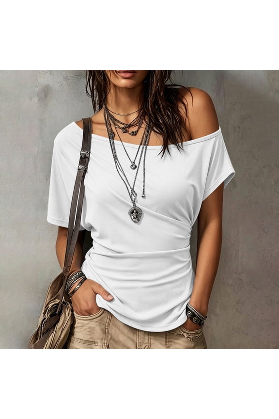 Women Off Shoulder Tops Short Sleeve Summer Tee Shirts Casual Beach Tops Solid Boho T Shirt Comfy Loose Fit Fashion Vacation Outfits, White M