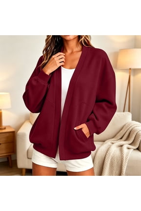 Women Open Front Cardigan Long Sleeve Casual Loose Knit Sweater Jacket for Fall Winter Soft Cozy Dressy Blouses, Red S