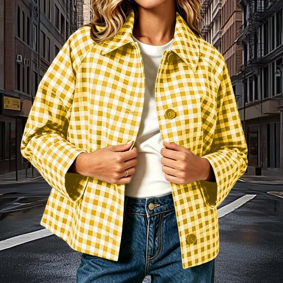 SSZMDLB Women Plaid Button Down Shirts Long Sleeve Collared Blazer Jacket Casual Loose Fit Blouses for Fall Winter Office Outwear, Yellow 2XL
