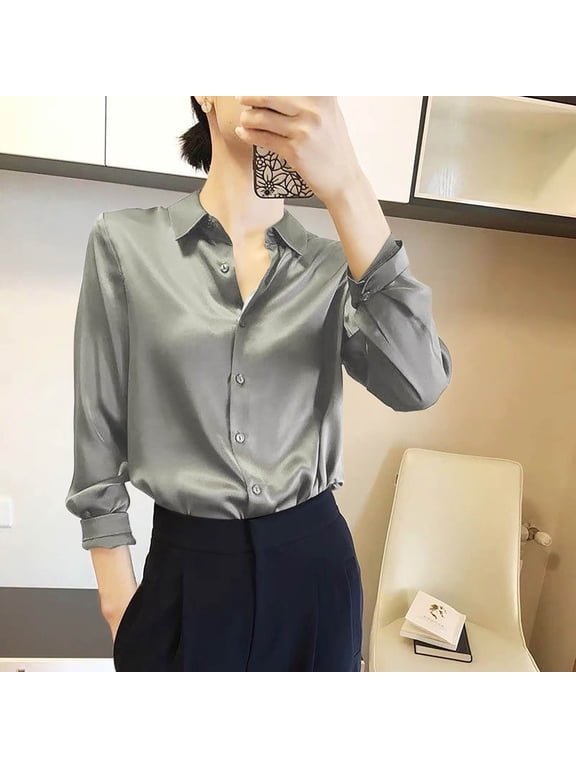 Women Plus Size Button Down Shirts Long Sleeve Satin Collared Blouse Elegant Casual Fall Winter Tops for Women, Gray 2XL