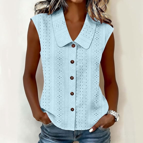 SSZMDLB Women Plus Size Collared Sleeveless Button Down Eyelet Blouse Casual Basic Solid Tshirt Top Summer Travel Outfits Work Shirt, Light Blue XL
