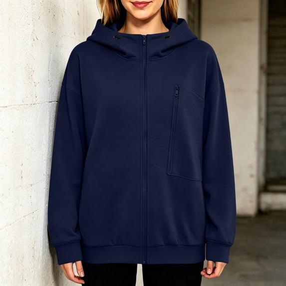 SSZMDLB Women Plus Size Hooded Sweaters Fall Winter Long Sleeve Zip Up Casual Loose Fit Blouses Soft Fleece Pullover Tops, Navy XL