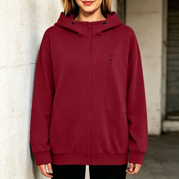 SSZMDLB Women Plus Size Hooded Sweaters Fall Winter Long Sleeve Zip Up Casual Loose Fit Blouses Soft Fleece Pullover Tops, Wine M