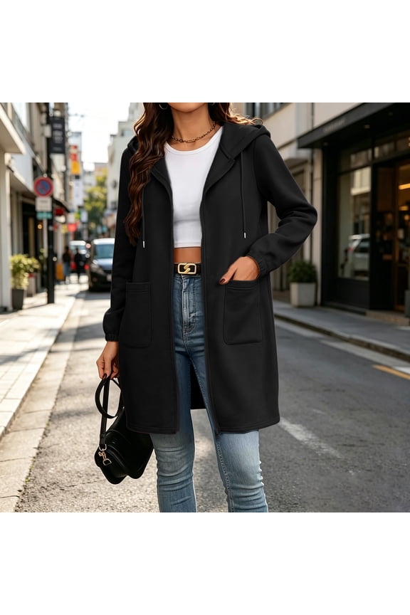 Women Plus Size Hooded Zip Up Long Sleeve Fall Winter Coat Casual Open Front Basic Cover Up Trendy Solid Outerwear, Black M