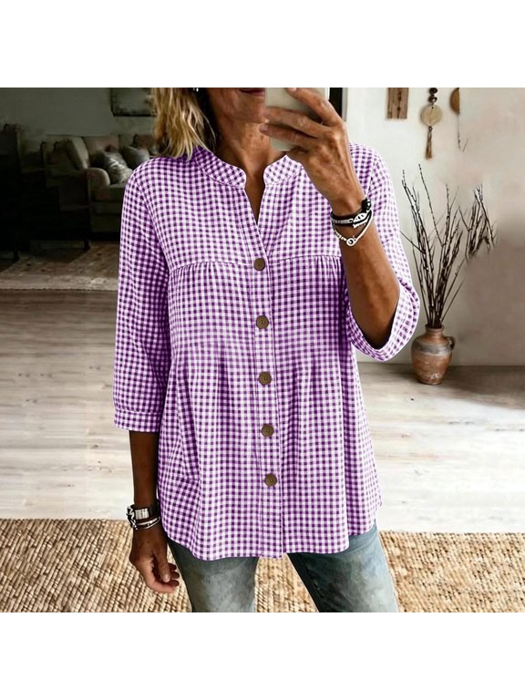 Women Plus Size Plaid Button Down Blouse 3/4 Sleeve Collared Crew Neck Loose Fit Casual Spring Tunic Tops Trendy Fall Party Shirt, Purple 2XL