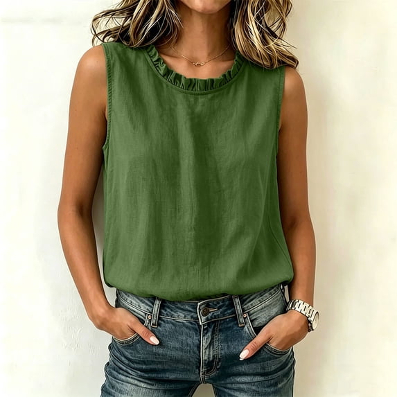 SSZMDLB Women Plus Size Sleeveless Ruffle Tank Tops Loose Round Neck Basic Tee Solid Boho Casual Summer Tops Vacation Holiday Outfits, Green M