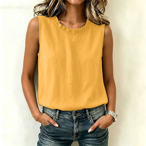 SSZMDLB Women Plus Size Sleeveless Ruffle Tank Tops Loose Round Neck Basic Tee Solid Boho Casual Summer Tops Vacation Holiday Outfits, Yellow 2XL