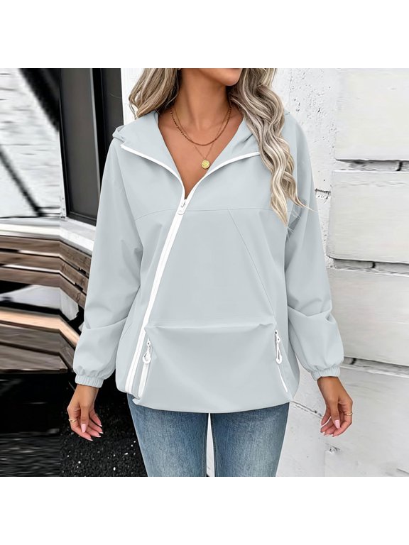 Women Plus Size V Neck Hoodie Long Sleeve Zipper Front Casual Pullover Top Jackets Fall Winter Solid Windbreaker, Gray 2XL