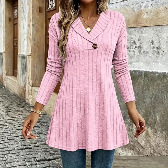 SSZMDLB Women Plus Size V Neck Long Sleeve Button Down Sweater Fall Winter Knitted Pullover Tops Casual Ribbed Basic Blouse, Pink S