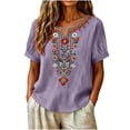 thumbnail image 1 of SSZMDLB Women Plus Size V Neck Short Sleeve Embroidered Boho Tshirt Casual Summer Tops Loose Fit Flowy Tee Shirt Vacation Outfits Beach Holiday Clothes, Purple L, 1 of 7