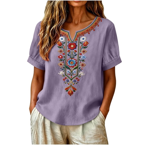 SSZMDLB Women Plus Size V Neck Short Sleeve Embroidered Boho Tshirt Casual Summer Tops Loose Fit Flowy Tee Shirt Vacation Outfits Beach Holiday Clothes, Purple L