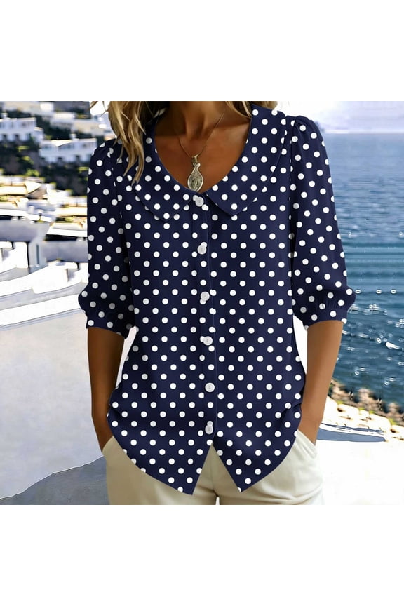 Women Polka Dot Button Down Blouse 3/4 Sleeve Collared Casual Loose Tops for Party Vacation Office Work Wear, Navy L