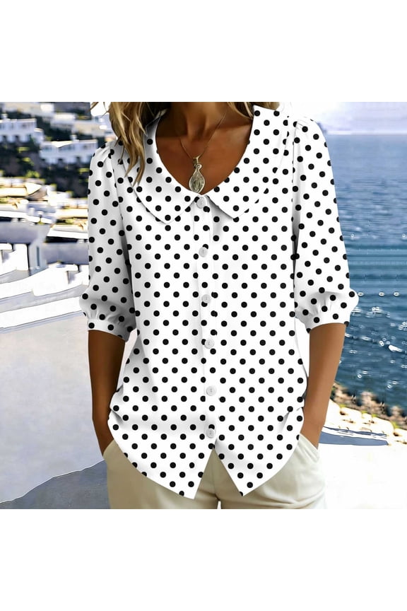 Women Polka Dot Button Down Blouse 3/4 Sleeve Collared Casual Loose Tops for Party Vacation Office Work Wear, White 2XL