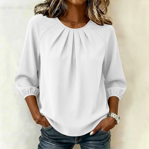 SSZMDLB Women Round Neck 3/4 Sleeve Pleated Blouse Casual Basic Summer Tops Fashion Tee Shirt Comfy Vacation Outfits Work Clothes, White S