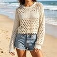 thumbnail image 1 of SSZMDLB Women Round Neck Long Sleeve Hollow Out Crochet Casual Basic Sweater Loose Fit Fall Knit Tops Trendy Pullover for Ladies, White Free Size, 1 of 6