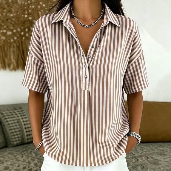 SSZMDLB Women Short Sleeve Button Down Blouses Striped Collared Tunic Tops Casual Loose Fit Summer Travel Shirts, Coffee S