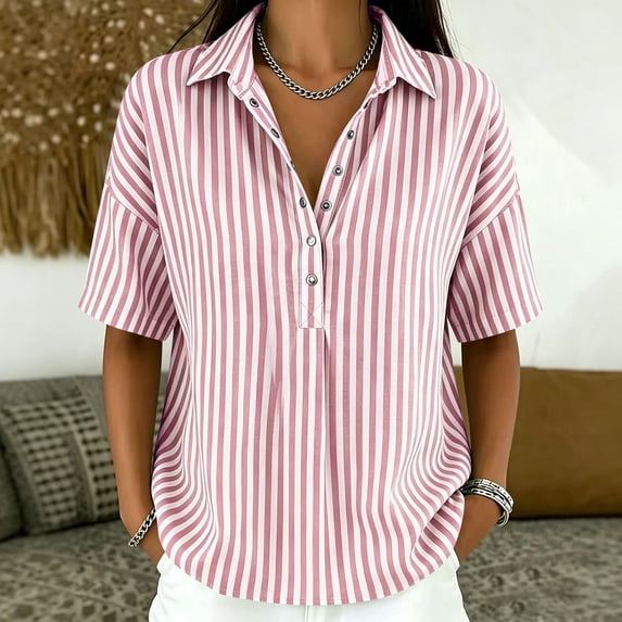 SSZMDLB Women Short Sleeve Button Down Blouses Striped Collared Tunic Tops Casual Loose Fit Summer Travel Shirts, Pink M