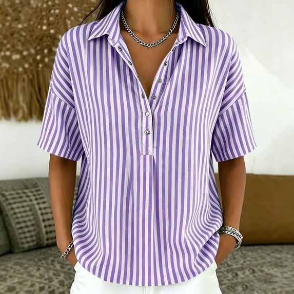 SSZMDLB Women Short Sleeve Button Down Blouses Striped Collared Tunic Tops Casual Loose Fit Summer Travel Shirts, Purple 3XL