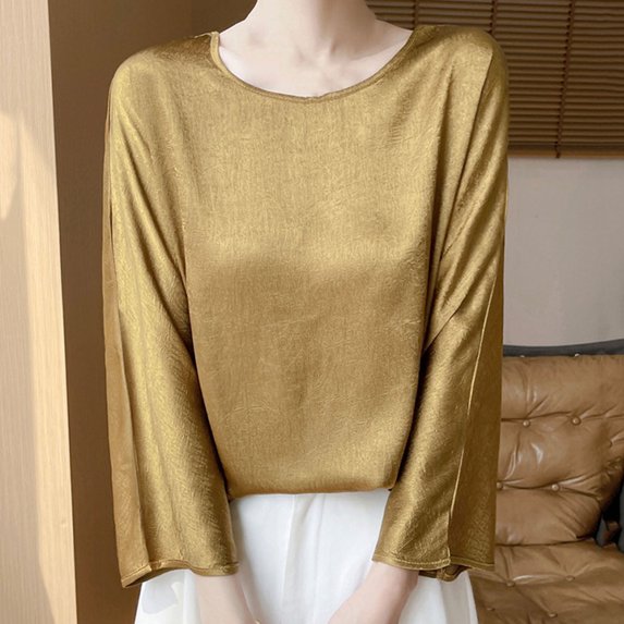 SSZMDLB Women Silk Satin Long Sleeve Tshirt Round Neck Flowy Casual Basic Blouse Travel Vacation Outfits Summer Tops, Gold L