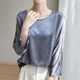thumbnail image 1 of SSZMDLB Women Silk Satin Long Sleeve Tshirt Round Neck Flowy Casual Basic Blouse Travel Vacation Outfits Summer Tops, Gray M, 1 of 6