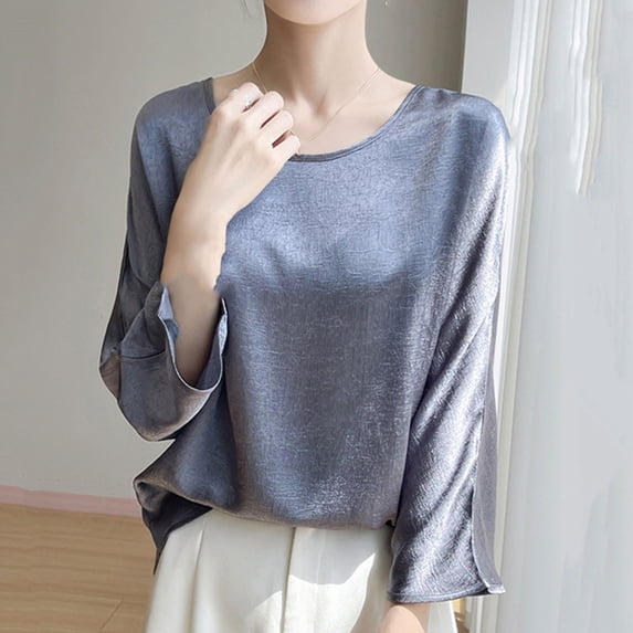 SSZMDLB Women Silk Satin Long Sleeve Tshirt Round Neck Flowy Casual Basic Blouse Travel Vacation Outfits Summer Tops, Gray M