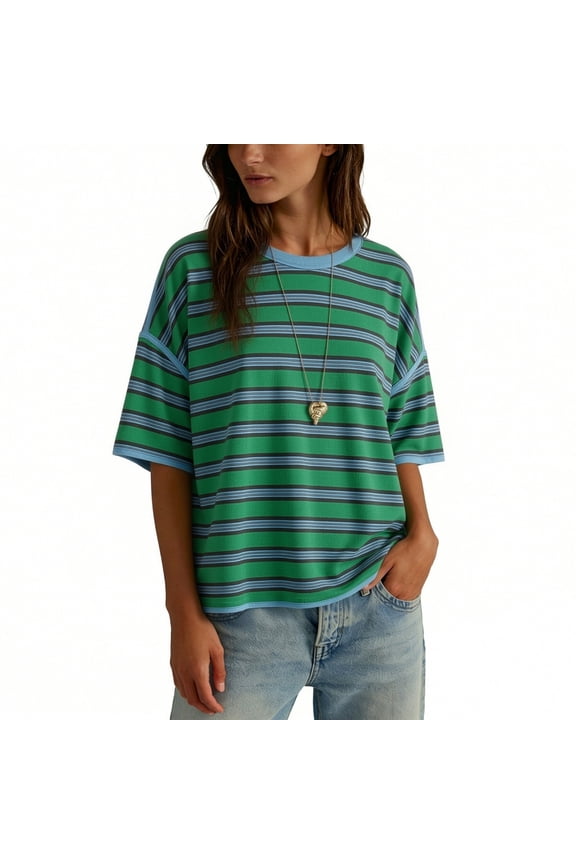 Women Striped Casual Loose T-Shirts Round Neck Short Sleeve Comfortable Basic Soft Cotton Summer Vacation Travel Beach Daily Tops, Green L