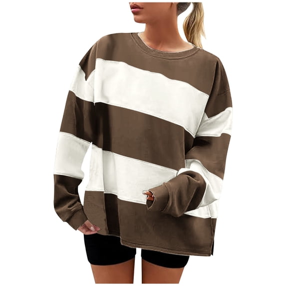 SSZMDLB Women Striped Long Sleeve Sweater Casual Loose Round Neck Knit Top Comfortable Fall Outfits Vacation Clothes, Khaki XL