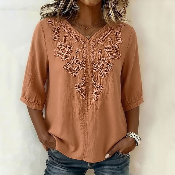 SSZMDLB Women V Neck 3/4 Sleeve Blouse Embroidery Boho Casual Tunic Tops Summer Vacation Outfits Flowy Shirt, Red L