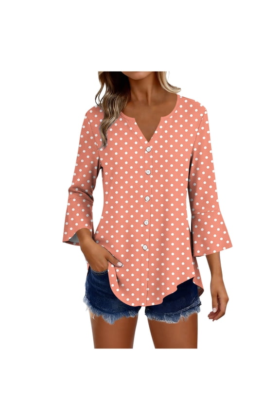 Women V Neck 3/4 Sleeve Button Down Polka Dot Blouse Casual Loose Tshirt Beach Vacation Summer Tops Comfy Work Outfits, Orange 2XL
