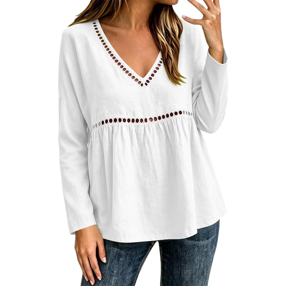 SSZMDLB Women V Neck Long Sleeve Eyelet Pullover Tops Loose Flowy Boho Blouse Solid Casual Tunic Shirt Fall Winter, White S
