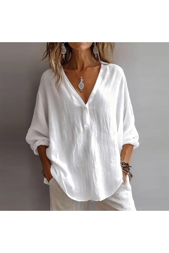 Women V Neck Long Sleeve Flowy Casual Blouse Loose Fit Solid Boho Tunic Tops For Spring Fall Daily Wear Vacation Beach Work, White M
