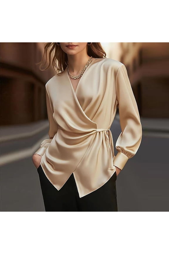 Women V Neck Long Sleeve Satin Wrap Blouse Elegant Business Work Tops Flowy Office Shirt for Curvy Women, Beige L