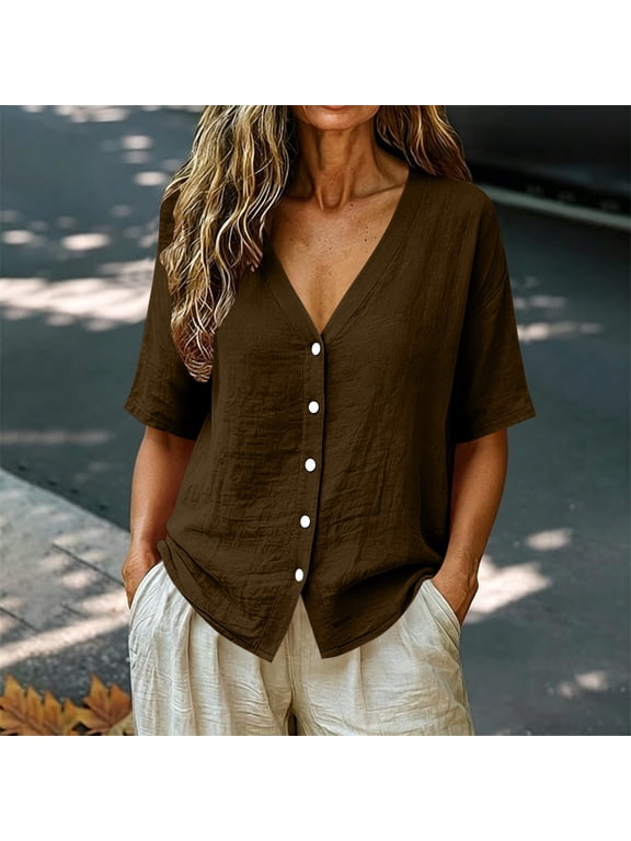 Women V Neck Short Sleeve Button Down Blouse Casual Loose Fit Solid Top Lightweight Summer Shirt Office Work Vacation Outfits, Brown 2XL