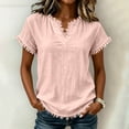 thumbnail image 1 of SSZMDLB Women V Neck T-Shirts Short Sleeve Solid Casual Basic Tee Beach Summer Tops Fashion Scoop Neck Comfy Vacation Outfits Workout Clothes, Pink L, 1 of 8