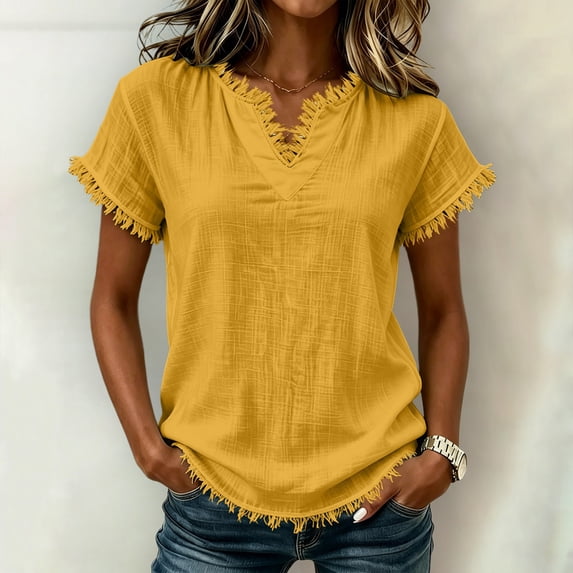 SSZMDLB Women V Neck T-Shirts Short Sleeve Solid Casual Basic Tee Beach Summer Tops Fashion Scoop Neck Comfy Vacation Outfits Workout Clothes, Yellow M