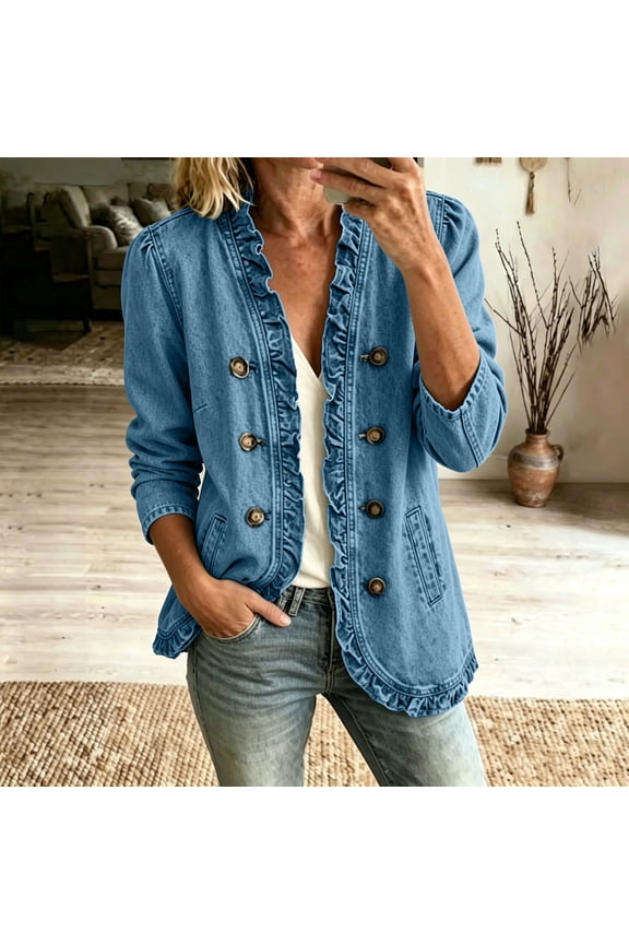Women's Button Down Denim Blazer Long Sleeve Ruffle Front Vintage Casual Open Blazer Jacket for Fall Office Work Daily, Sky Blue 2XL