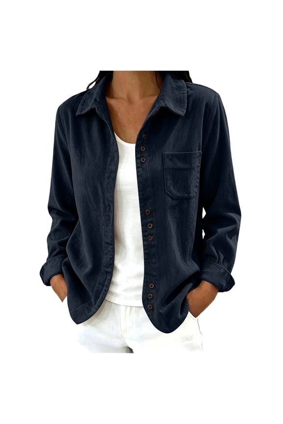 Women's Button Down Long Sleeve Shirt Collared Soft Basic Casual Blouse for Fall Winter Solid Open Front Dressy Office, Navy S