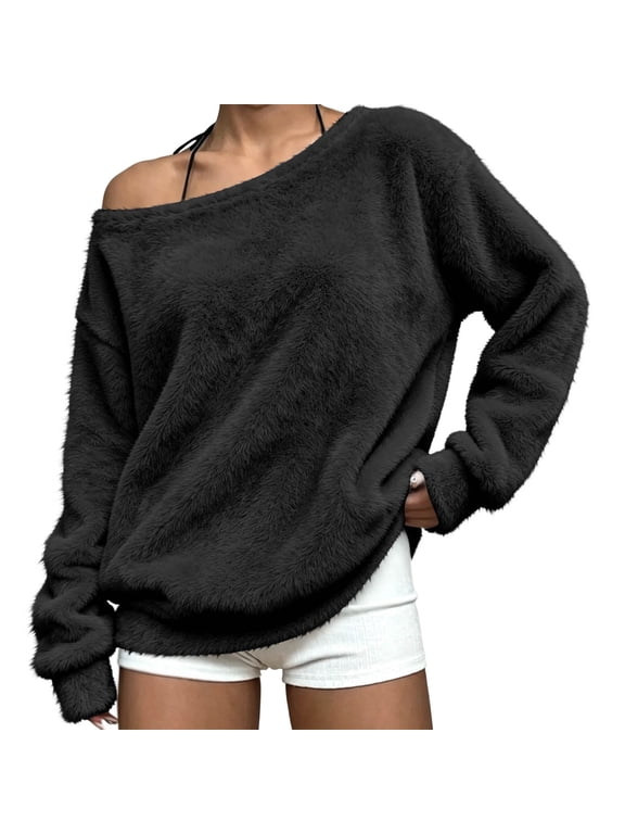 Women's Fall Winter Long Sleeve Fuzzy Solid Casual Pullover Tops Off Shoulder Warm Soft Cozy Sweater with Pockets for Daily Wear, Black M